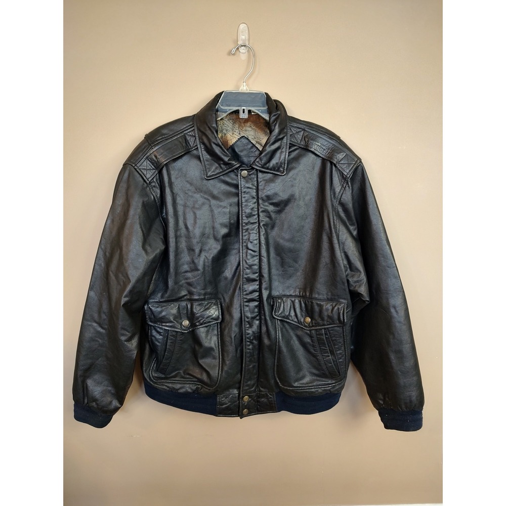 Roundtree & Yorke Mens Black Leather Bomber Jacket World Map Lining Large